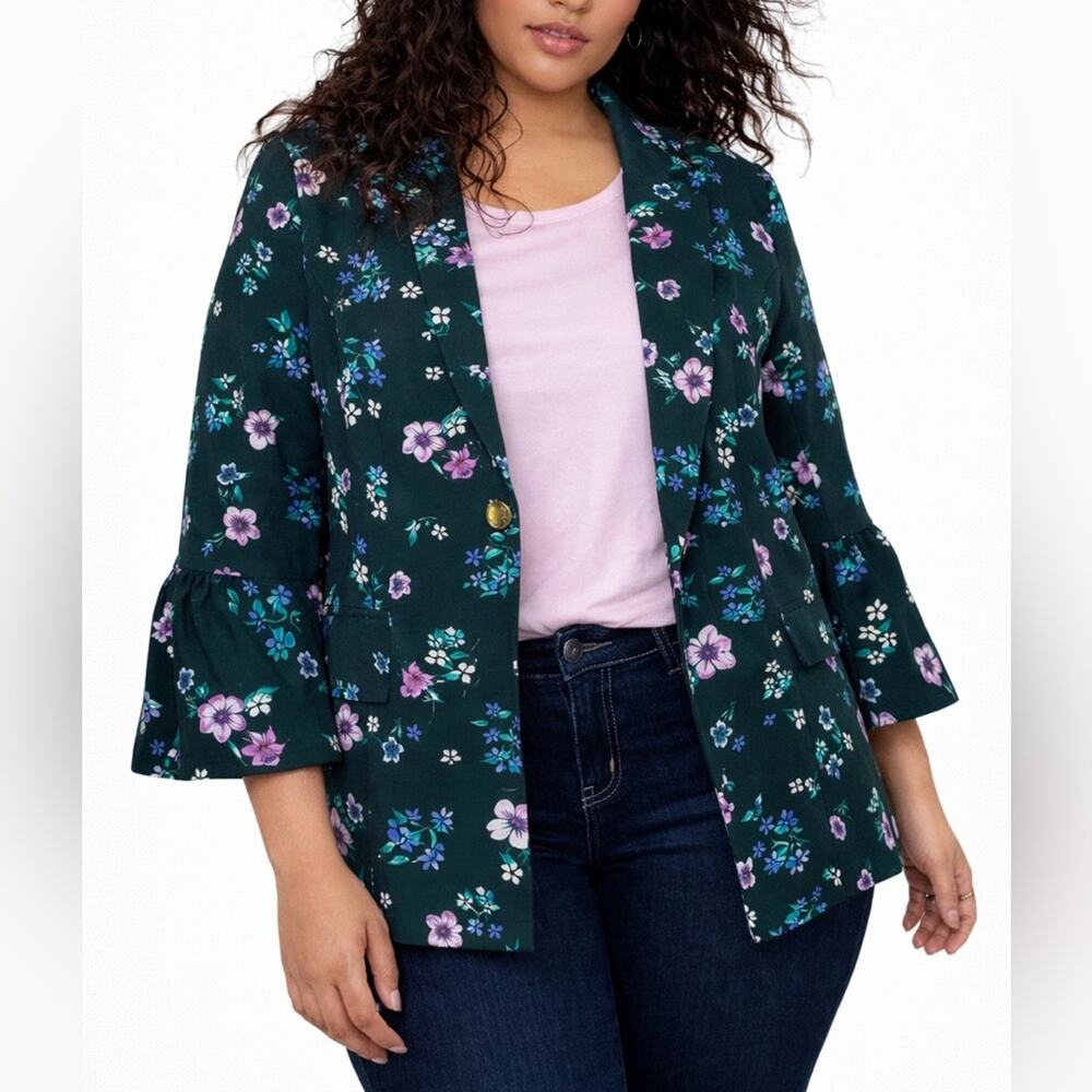 Lane Bryant Bryant Blazer Floral Dark Green Pink Bell Sleeve Stretch Jacket  22